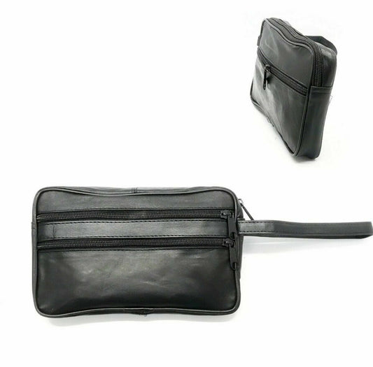 Leather Travel Document Bag Waist Bag Black Work Handbag Multi Zip Utility Pouch image 0