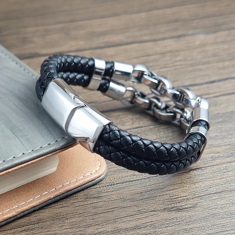 Multi layer men's leather bracelet stainless steel mechanical feel Cuban chain geometric pattern Bangles for Male Jewelry Gift