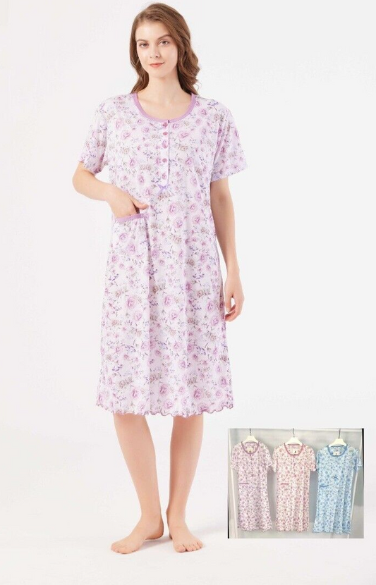 Women Nightwear Floral Print 100% Cotton Short Sleeve Long Nightdress M to 3XL image 0