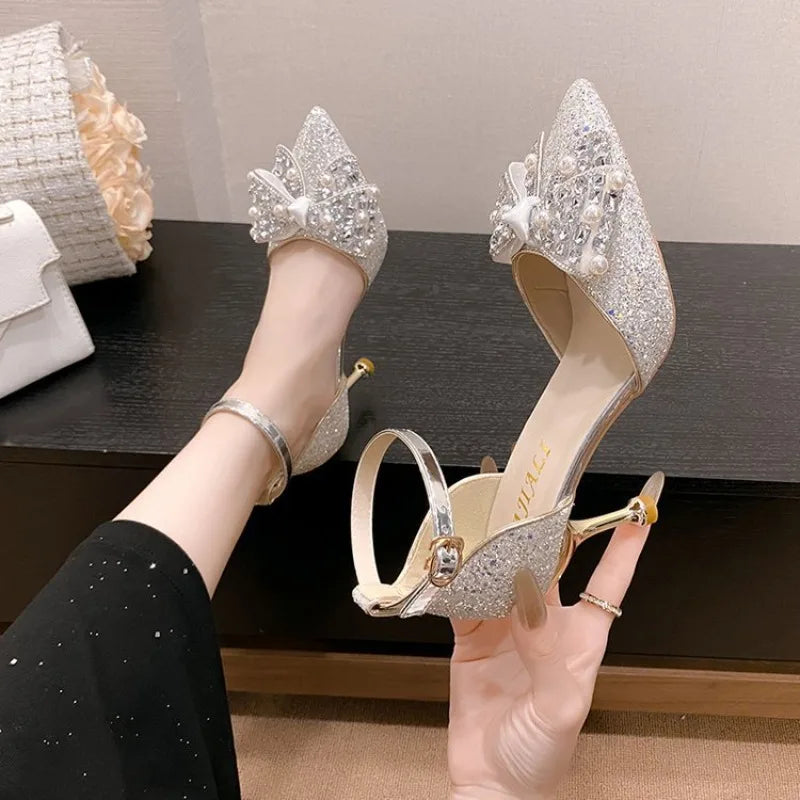 Womens Glitter Rhinestone Bow Ankle Strap Pumps Thin High Heels Wedding Bridal Sandals Party Crystal Sparkly Evening Dress Shoes