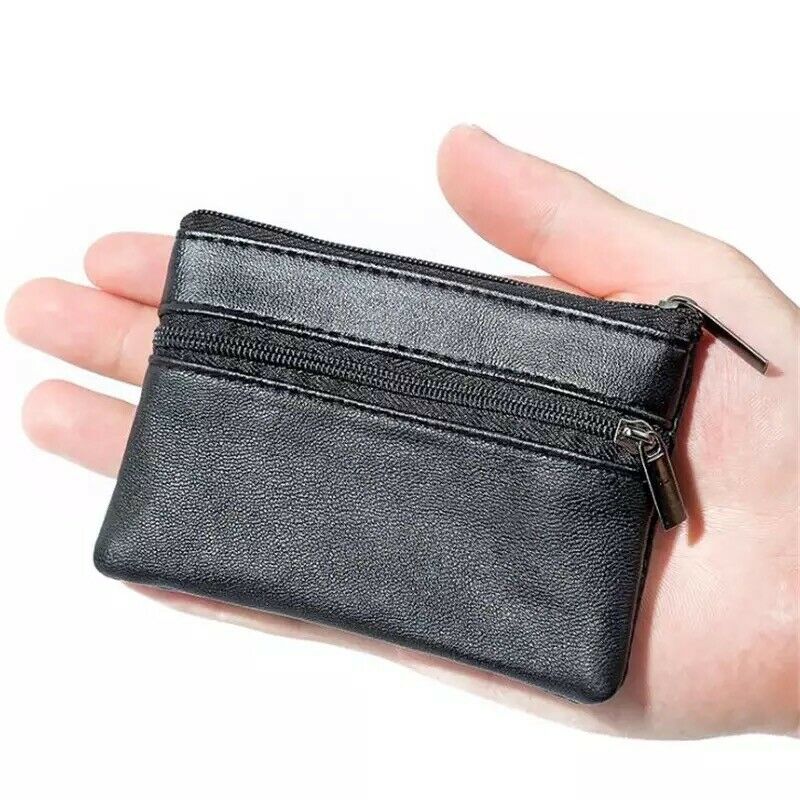 Unisex Black Small Coin Pouch Purse Key Holder Leather Zip Wallet Card Holder image 0