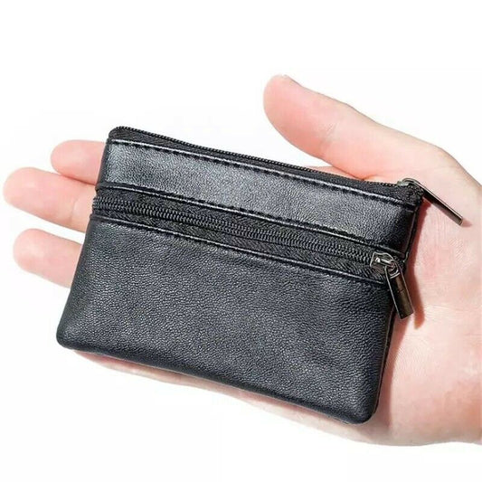 Unisex Black Small Coin Pouch Purse Key Holder Leather Zip Wallet Card Holder image 0