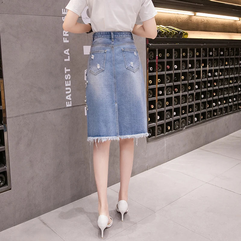 Women Heavy Work Embroidery 3D Flower Tshirts + Jeans Skirt 2pcs Clothing Sets Summer Casual Package Hip Denim Skirts Suits Y82