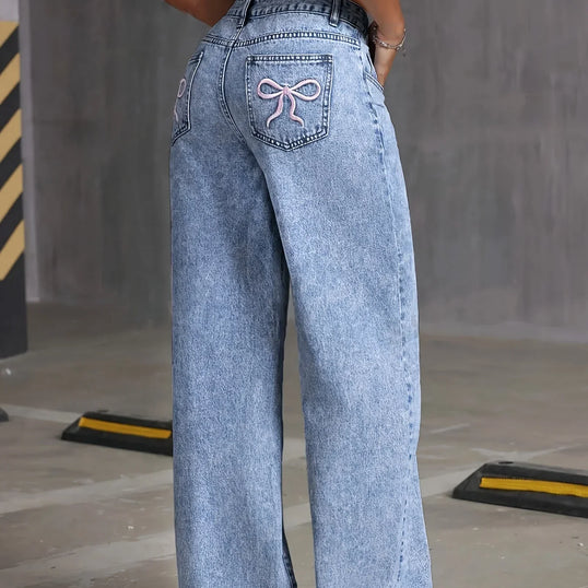 Women's Back Pocket Bow Embroidered Fashionable Wide Leg Pants Versatile Washed Denim Trousers
