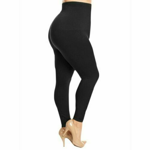 Women's Plus Size Leggings High Waist Fleece Lined Plain Black Winter Leggings image 0