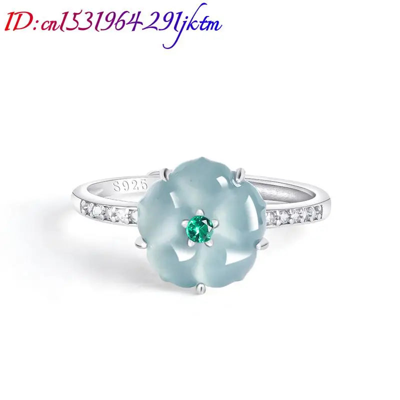 Blue Burmese Jadeite Flower Rings 925 Silver Natural Burmese Jade Luxury Talismans Fashion Accessories Gifts for Women