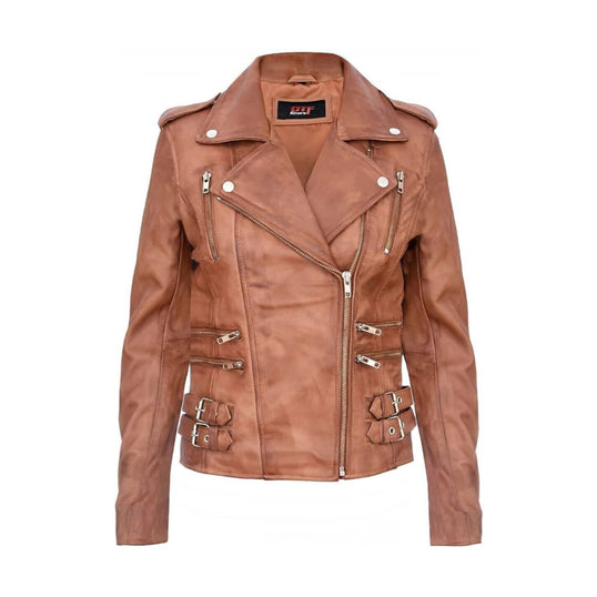Ladies Retro 100% Nappa Real Leather Biker Jacket Tan Soft Multi Zip Short Coat image 0