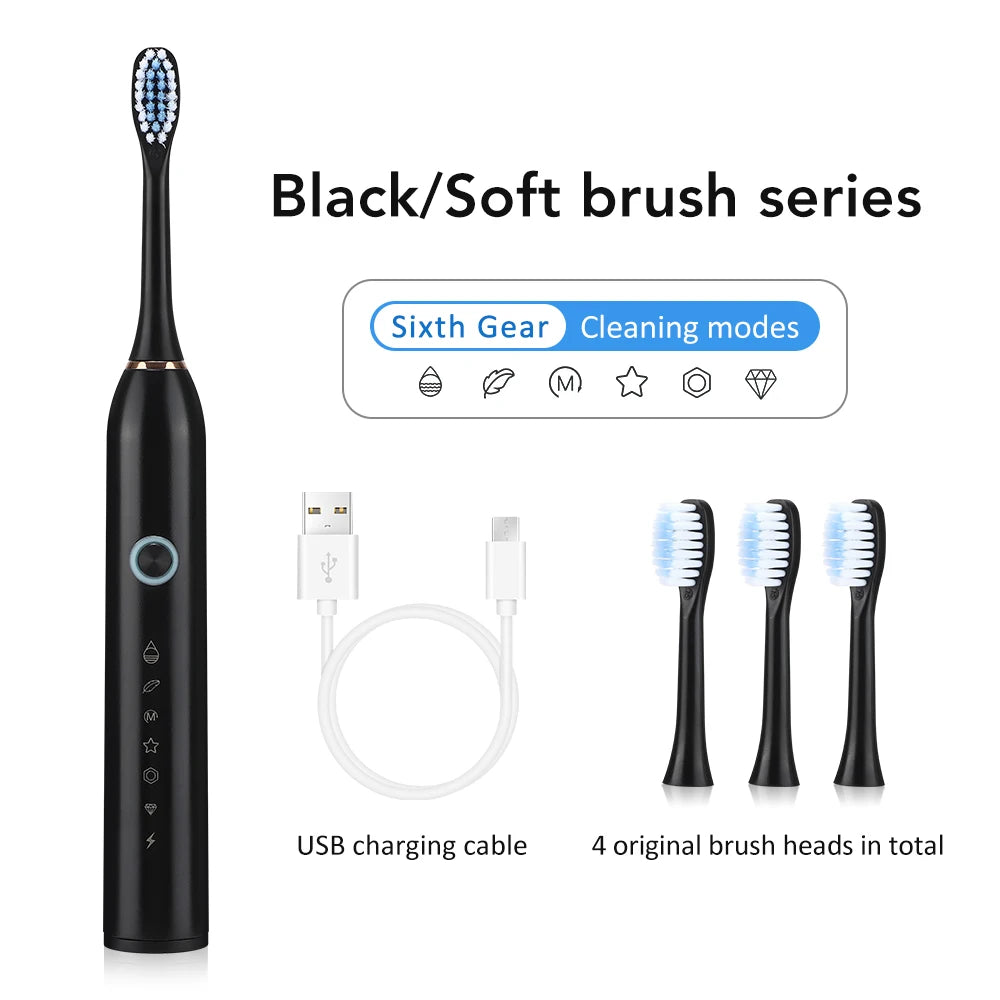 3 x Electric Ultrasonic Toothbrush Six Speed Mode Home Soft Hair USB Charging Waterproof Adult Tooth Cleaner Automatic Couple Set