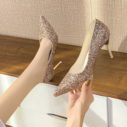 New Glitter Pointed Women's Evening Party Wedding Shoes Dress Women Pumps Summer Stiletto Fashion Silver Thin High Heels