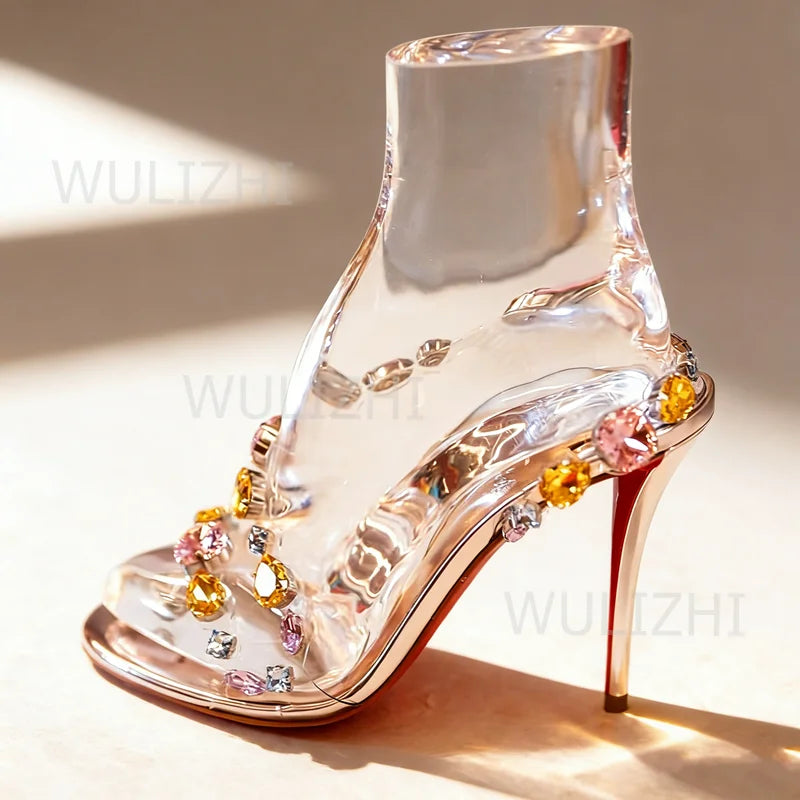 Women's Sandals Colorful Gemstone Crystal Sandals Women Sexy Open Heel Buckle Diamond Luxury Evening Shoes Sandalias De Mujer