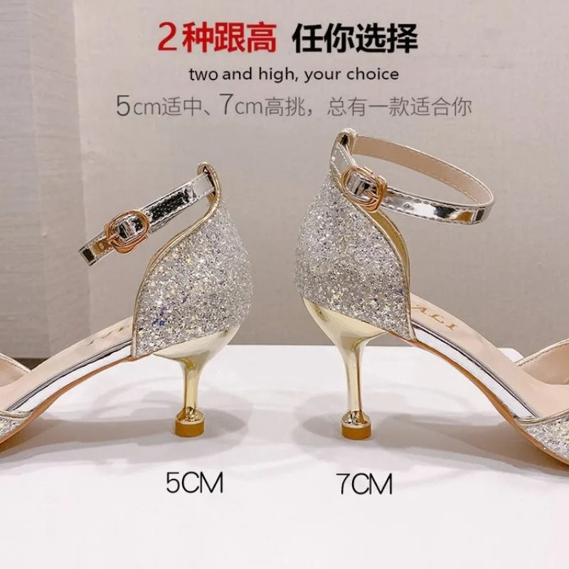 Womens Glitter Rhinestone Bow Ankle Strap Pumps Thin High Heels Wedding Bridal Sandals Party Crystal Sparkly Evening Dress Shoes