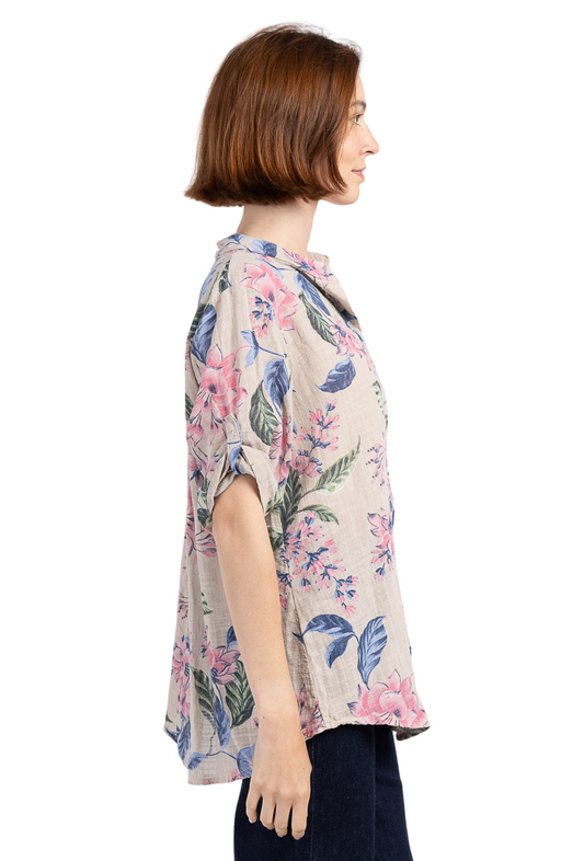 Ladies Floral Print Shirt Summer Casual Holiday Shirt Top Ladies Linen Shirt Tee image 1