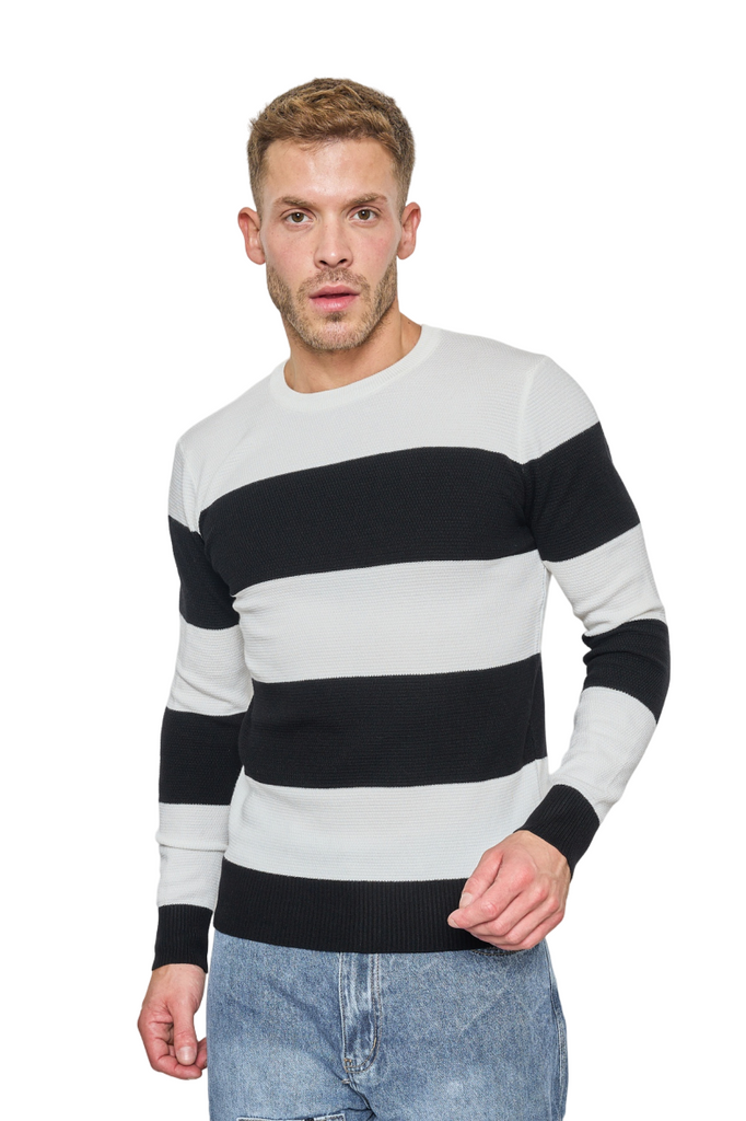 Mens Comfort Jumper Two Tone Striped Sweater V-Neck Pullover Winter Sweater image 0