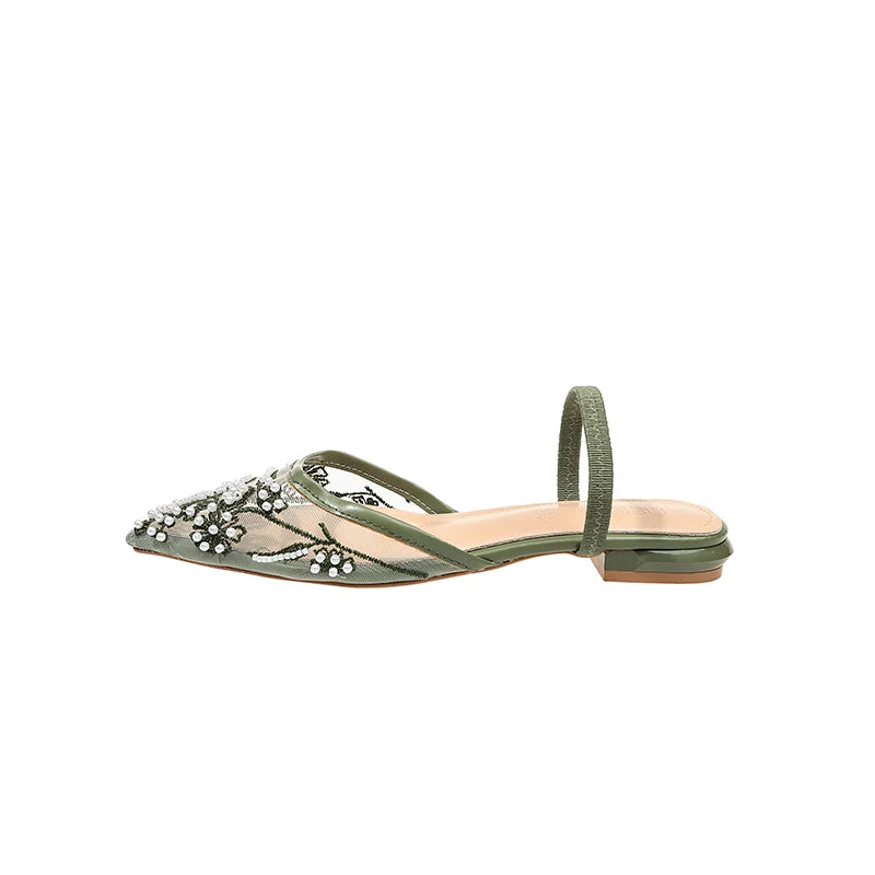 Pearl Bead Embroidery Lace Slingback Shoes Woman Luxury Floral Silk Gauze Low Heel Mules Ladies Elegant Evening Party Dress Shoe