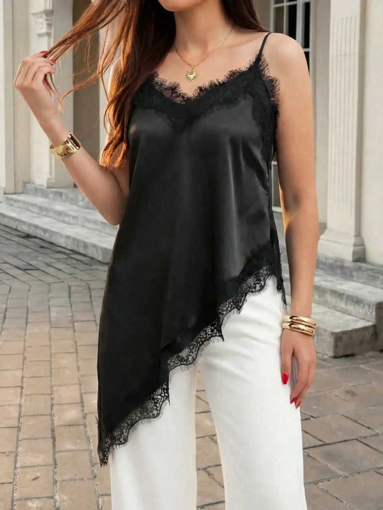 Women's Casual Party Wedding Satin Lace Flowy Dress Sleeveless V Neck Asymmetrical Trim Elegant Evening Dress