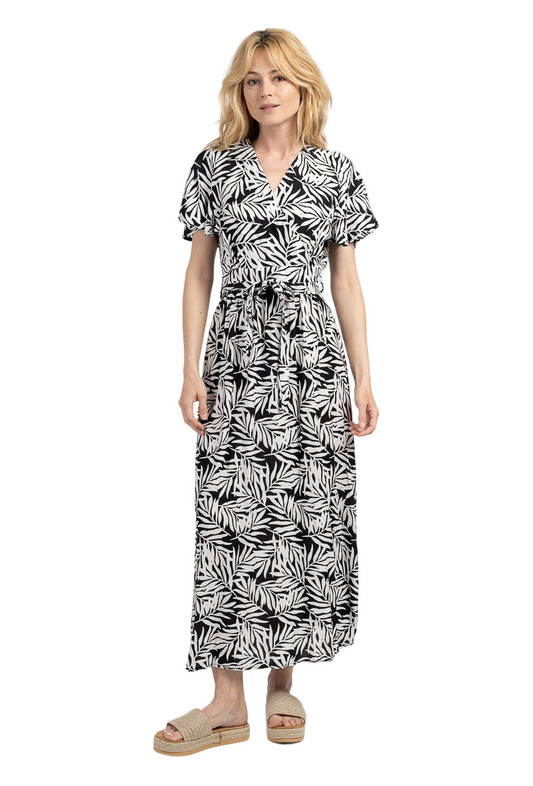 Women Leaf Print Long Dress Stylish Wrap Belt Elastic Dress Party Summer Dress image 0