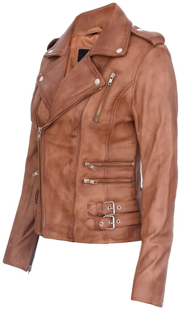Women's Real Leather 100% Biker Jacket Casual Coat Winter Soft Multi Zip Jacket image 2