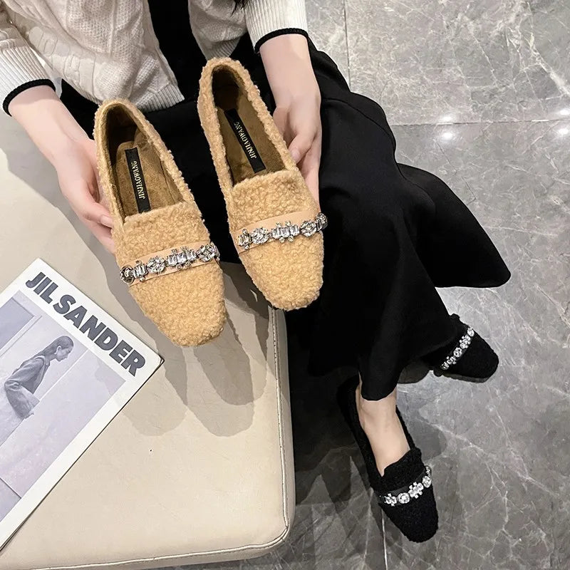 Women's Soft-Soled Plush Loafers, Korean Style Fur Shoes 2026 New Square-Toe Rhinestone Fleece Slip-Ons Cotton Shoes