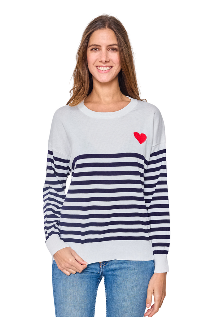 Women's Sweater Embroidered Red Heart Sailor Love Top Stripe Style Fashion Top image 2