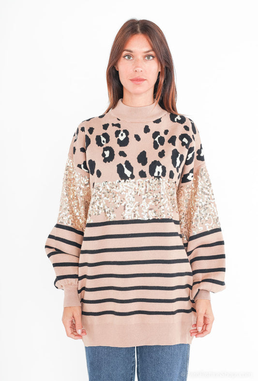 Ladies Winter Sequined High-Neck Sweater Bat sleeves Striped Party Sweater image 0