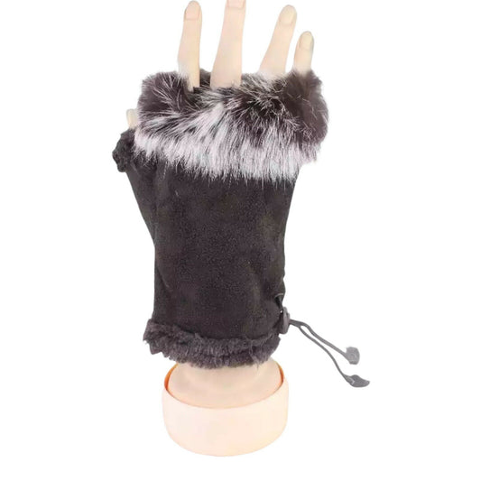 Ladies Gloves Winter Fur Suede Leather Fingerless Mittens Soft Thick Warm Gloves image 1