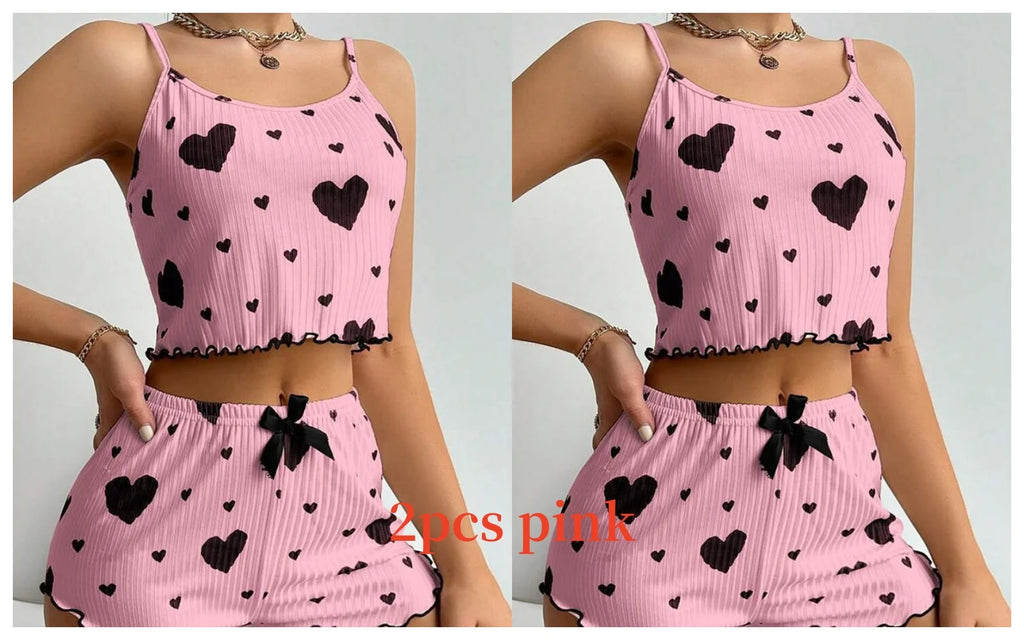 Women's Pajamas Set Sleepwear 2 PCS Short Tank Tops And Shorts S M L Ventilate Soft Casual Love Printing