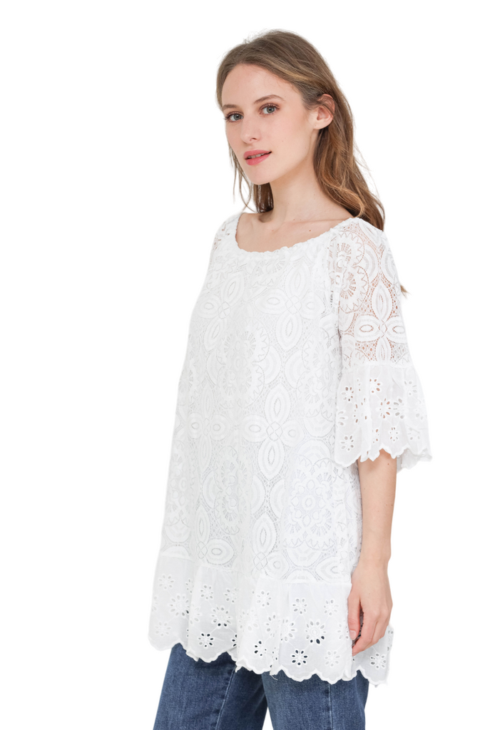 Ladies White Classic Mosaic Lace Floral Design Tunic Dress Holiday Cotton Top image 3