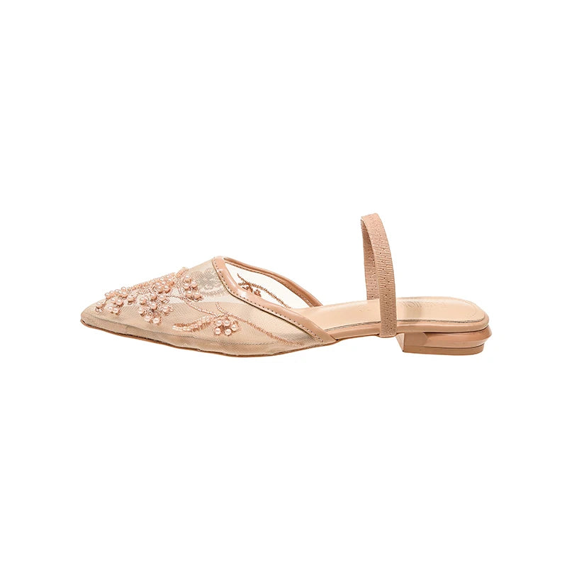 Pearl Bead Embroidery Lace Slingback Shoes Woman Luxury Floral Silk Gauze Low Heel Mules Ladies Elegant Evening Party Dress Shoe