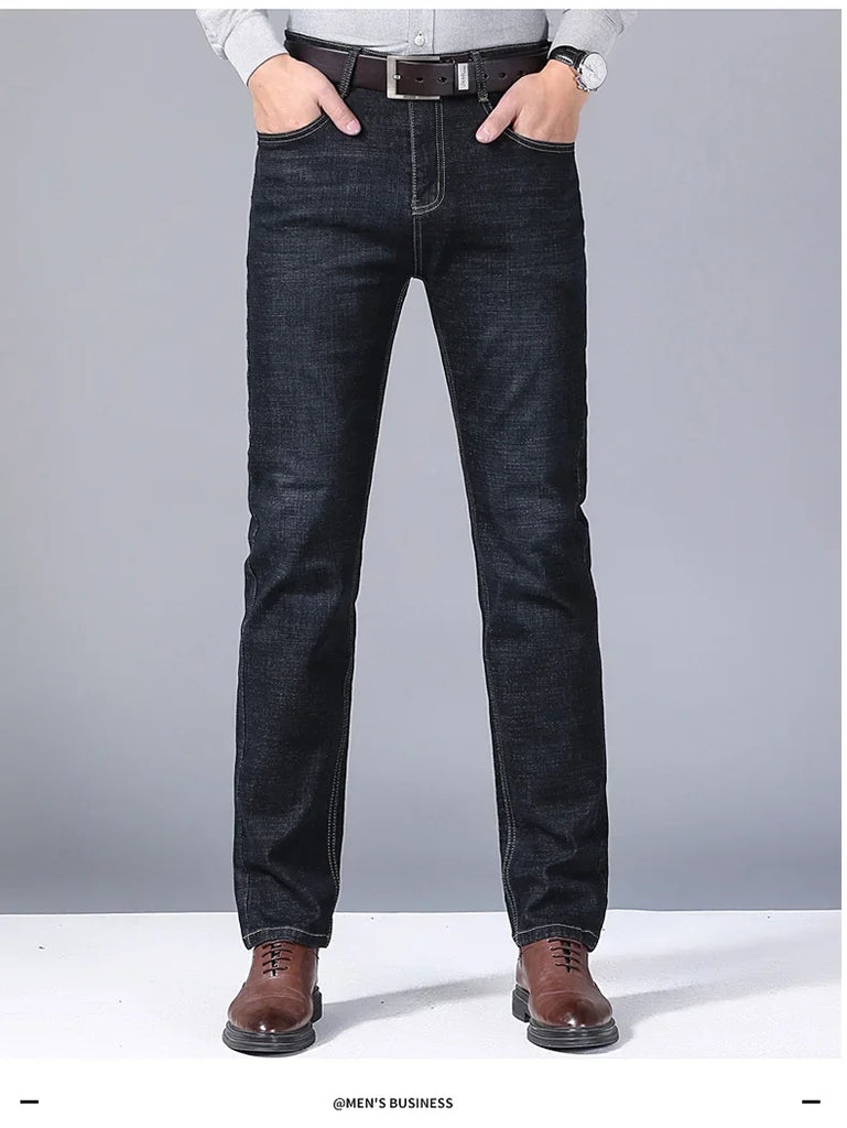Men Fashion Straight Jeans Mens  New Stretch Slim Fit Pants Comfortable Soft Business Denim Trousers Male Brand Clothing