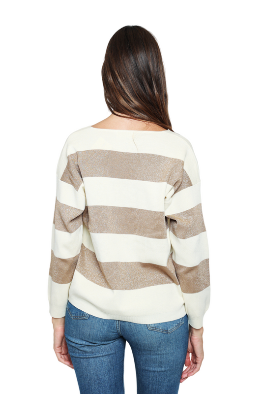 Women Sweater Stylish Split V-neck Sweater Pullover style Striped in Lurex image 1