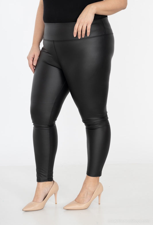 Plus Size Ladies High Waist Leggings In Shining Black Leather Look Leggings image 1