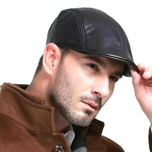 Men's Peaky Blinders Hat Leather Flat Cap Casual Black Trendy Hat Everyday Cap image 0