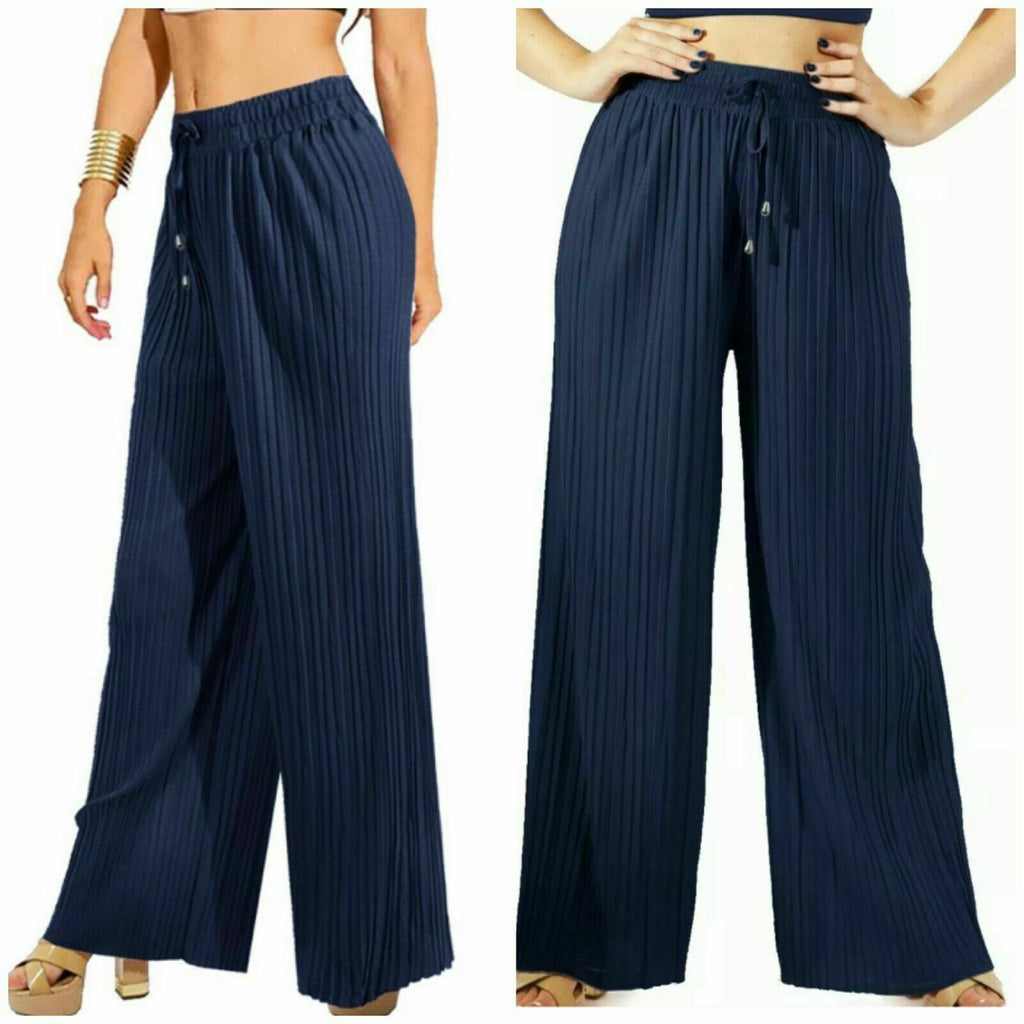 Women's Wide Leg Trousers Harem Pleated Crinkle Flared Pants Palazzo Plain Baggy image 5