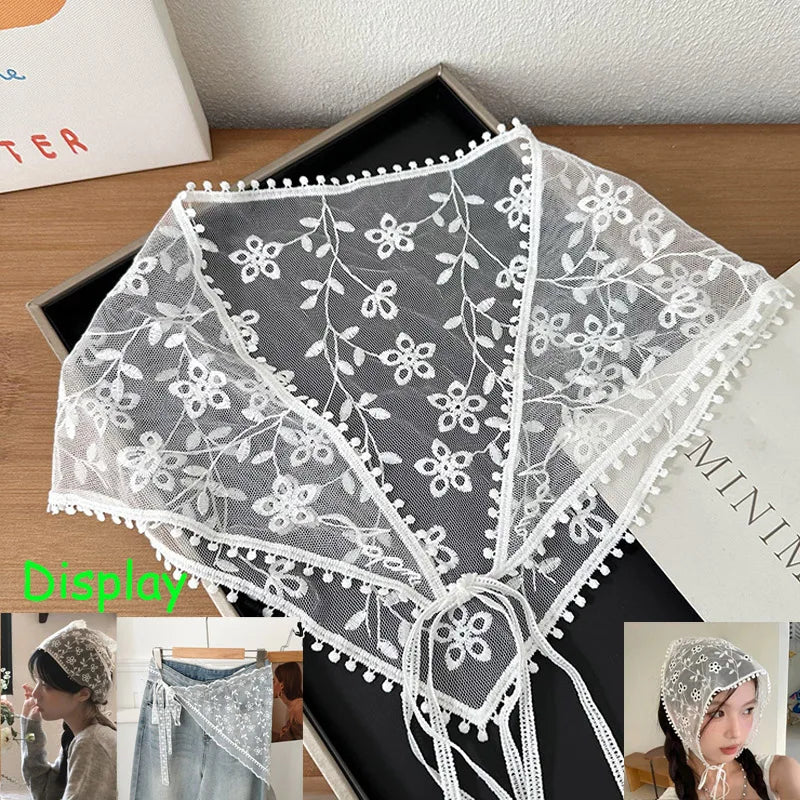 Y2K Women Lace Tulle Bandage Skirt Stacked Lace Half Skirt Layering Small Butt Curtain Flower Triangle Hair Scarf
