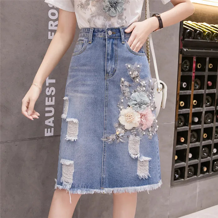 Women Heavy Work Embroidery 3D Flower Tshirts + Jeans Skirt 2pcs Clothing Sets Summer Casual Package Hip Denim Skirts Suits Y82