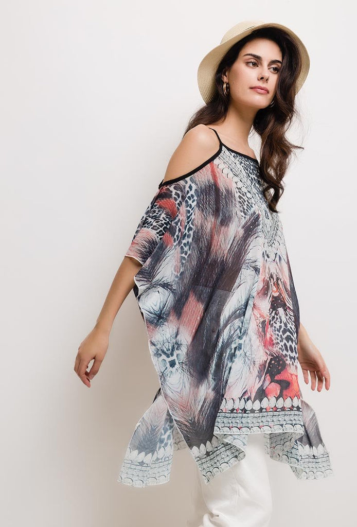 Ladies Printed Beach Top Tunic Batwing Cold Shoulder Top Beach Tunic image 2