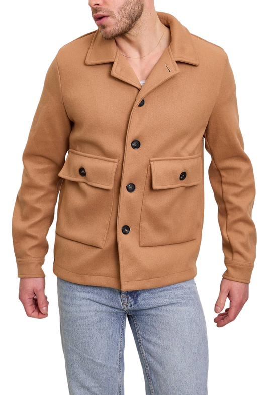 Mens Overshirt Long Sleeve Snap Button Up Jacket Pocket Casual Plain Fleece Top image 1