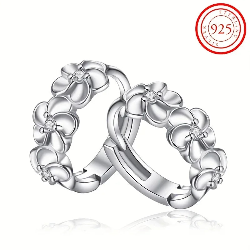 925 Sterling Silver Exquisite Camellia Pattern Hoop Earrings Cute Elegant Style Delicate Gift For Women Girls Daily Casual
