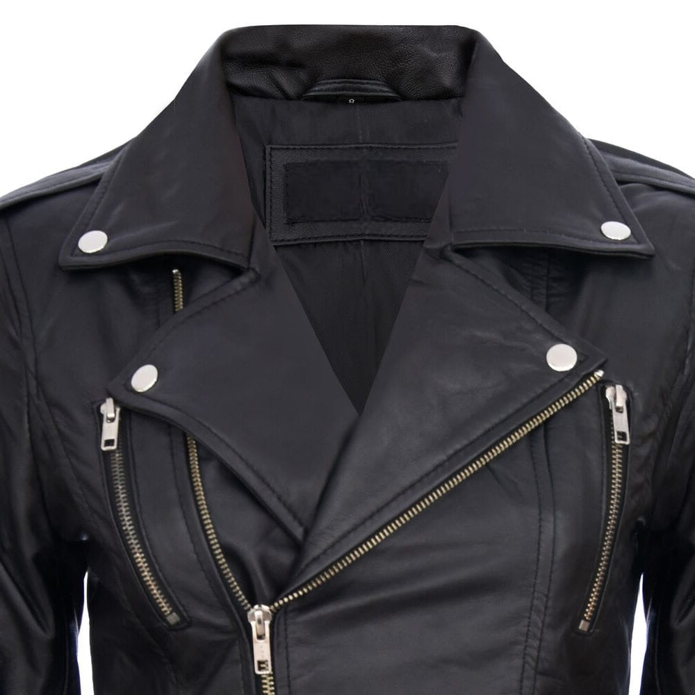 Women's Black Retro 100% Nappa Real Leather Biker Jacket Soft Multi Zip Coat image 3