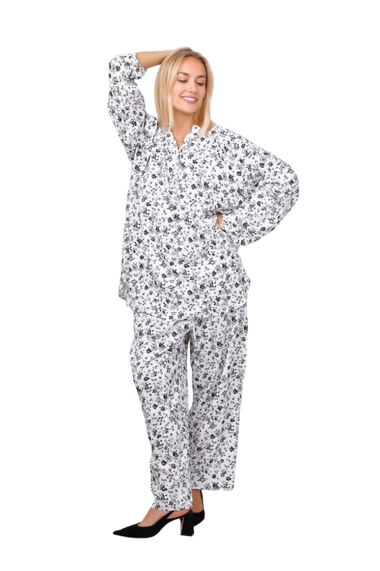 Women’s Pyjama Suit Cotton Set Flower Printed Pant Set Shirt Lounge Dress Suit image 0