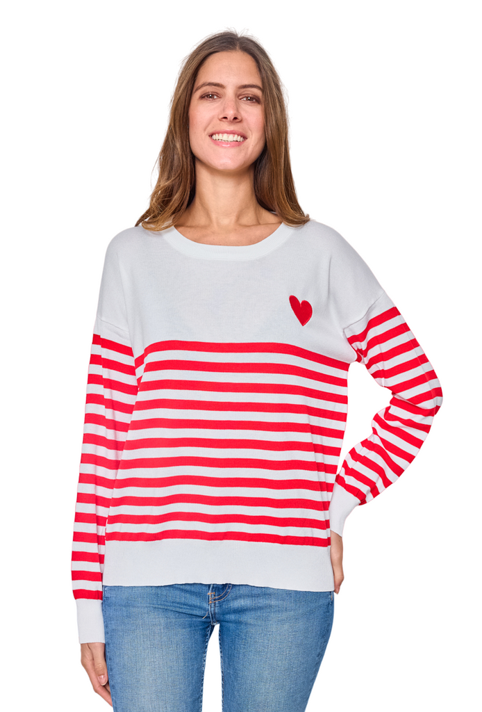 Women's Sweater Embroidered Red Heart Sailor Love Top Stripe Style Fashion Top image 0