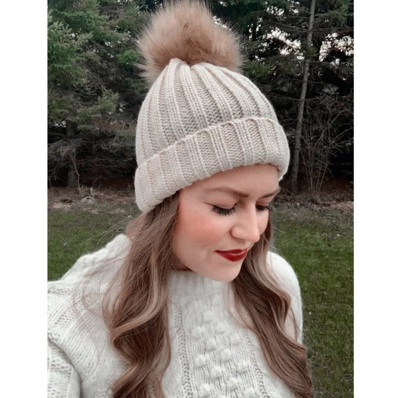 Women's Winter Beanie Hat Faux Fur Pom Pom Satin Lined Warm Knitted Skull Cap for Cold Weather