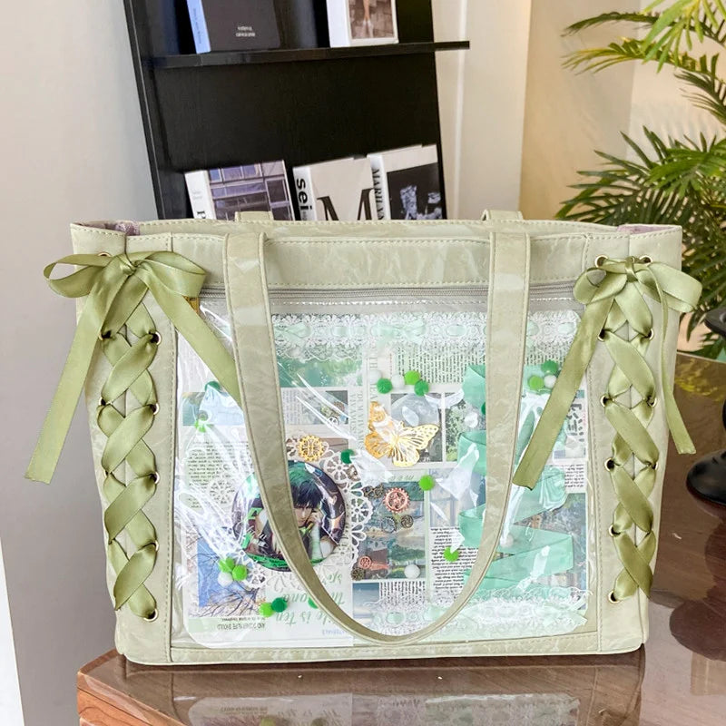 New Y2K Cute Japanese Ita Bag Lolita Girl Transparent Shoulder Tote Bag Large Capacity Crossbody Casual Bag DIY Display Handbags