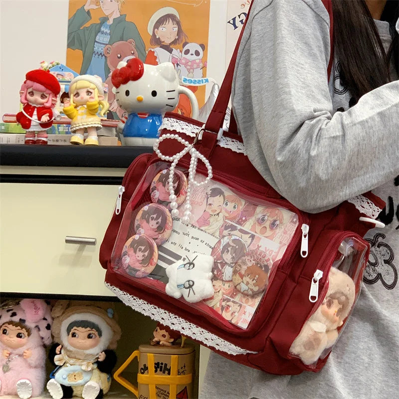 New Y2K Cute Japanese Ita Bag Lolita Girl Transparent Shoulder Tote Bag Large Capacity Crossbody Casual Bag DIY Display Handbags