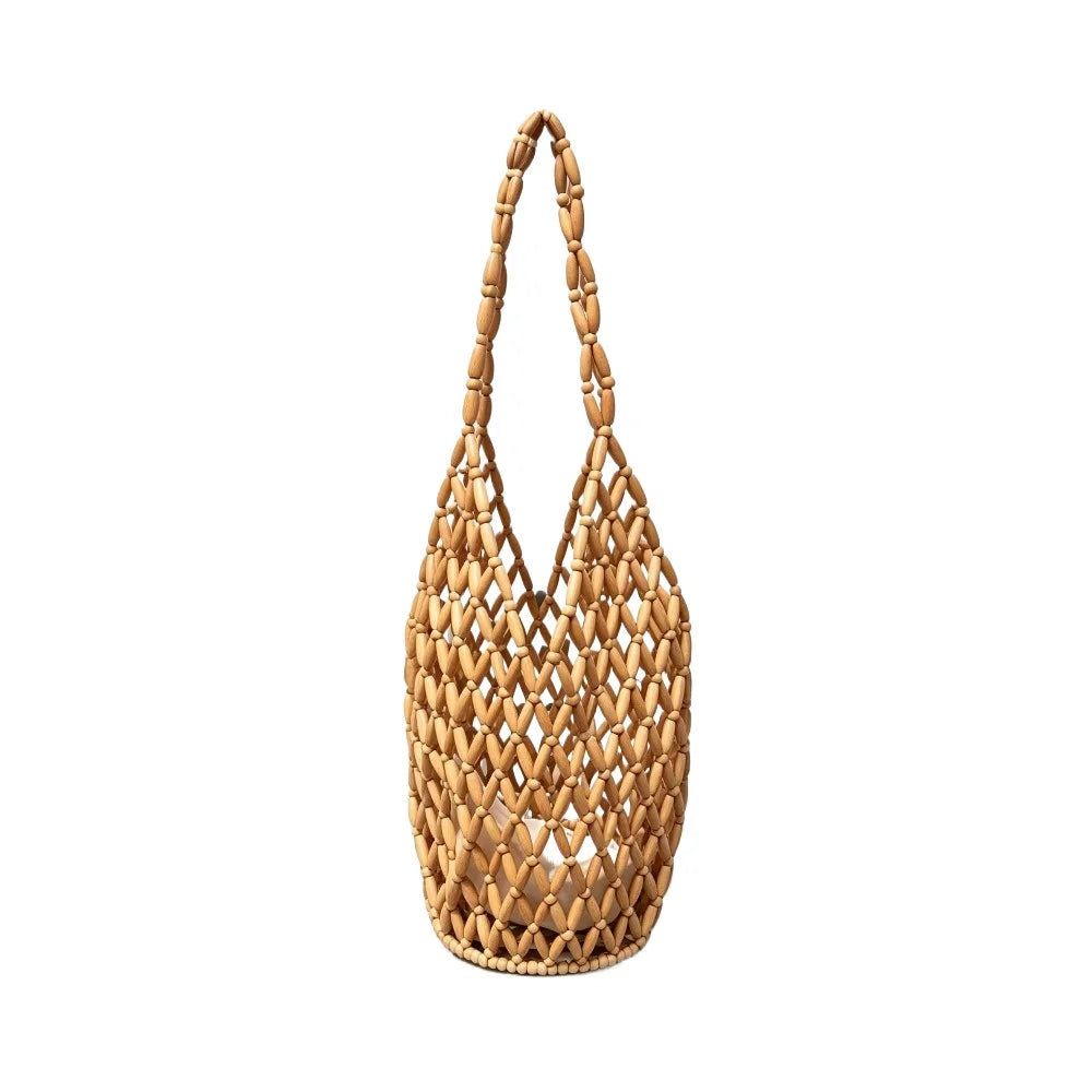 Women Woven Hand Bag Summer Design Hollow-out Wooden Bead Tote Bucket Shoulder Bag Female Reticulate Netted Canvas Beach Handbag