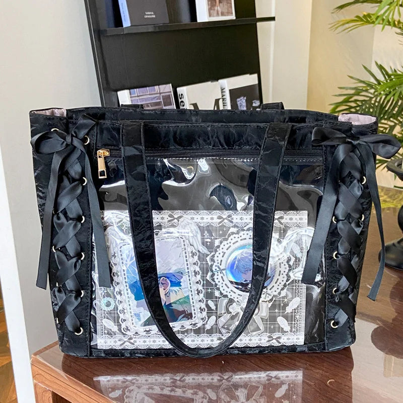 New Y2K Cute Japanese Ita Bag Lolita Girl Transparent Shoulder Tote Bag Large Capacity Crossbody Casual Bag DIY Display Handbags