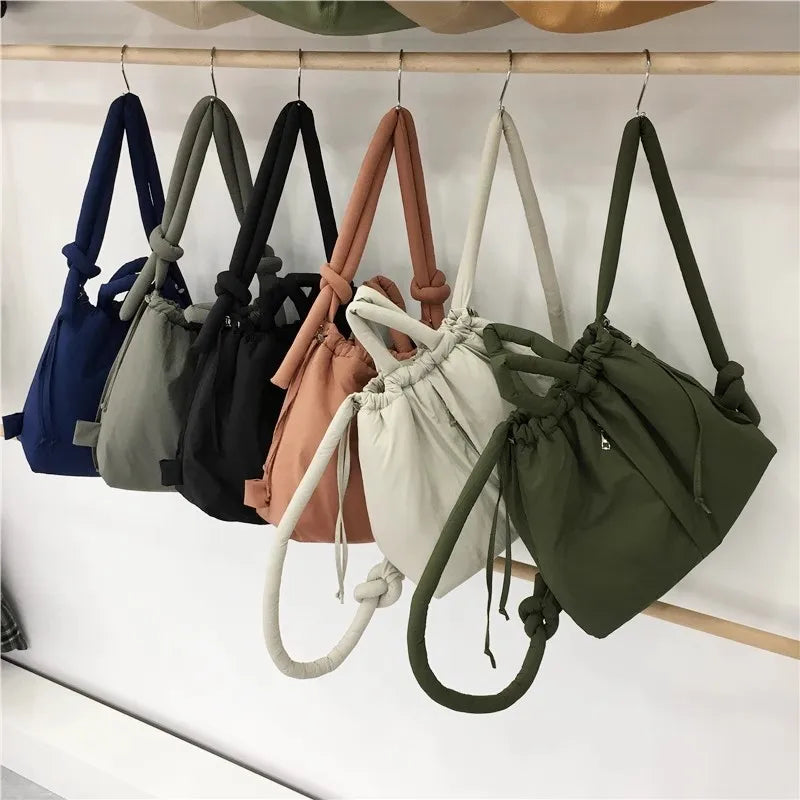 Casual nylon padded tote bag designer soft puffer women shoulder crossbody bags Simple Vintage large capacity handbags 2025