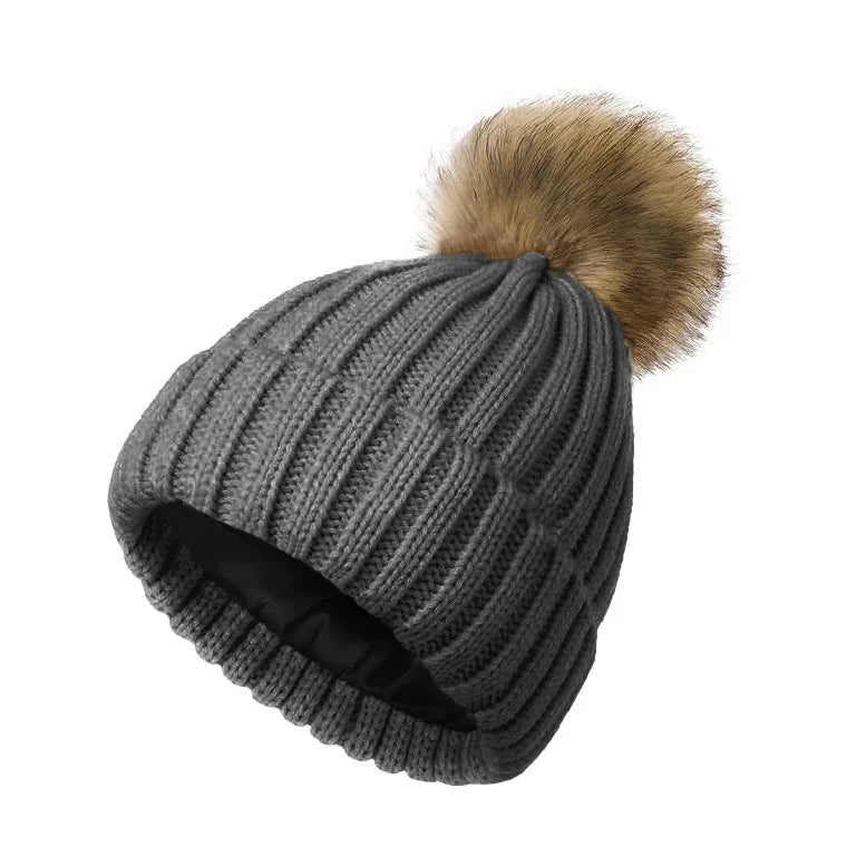 Women's Winter Beanie Hat Faux Fur Pom Pom Satin Lined Warm Knitted Skull Cap for Cold Weather
