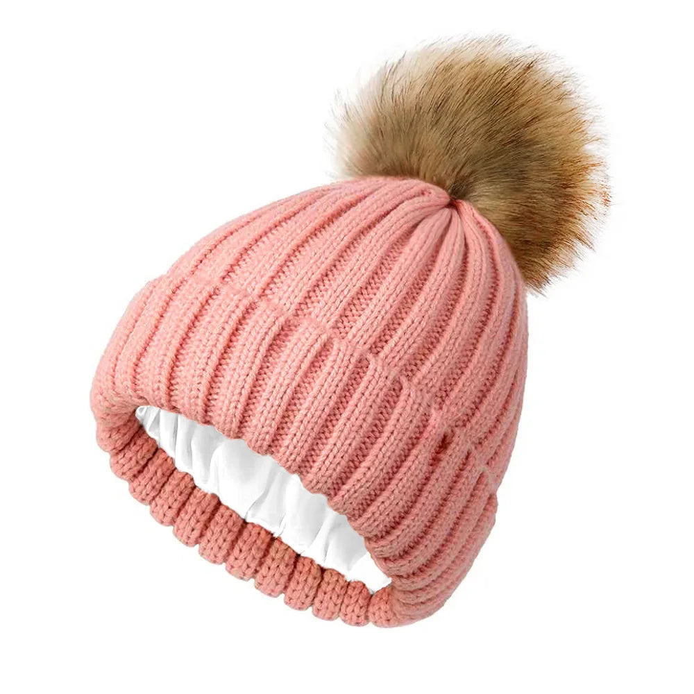 Women's Winter Beanie Hat Faux Fur Pom Pom Satin Lined Warm Knitted Skull Cap for Cold Weather