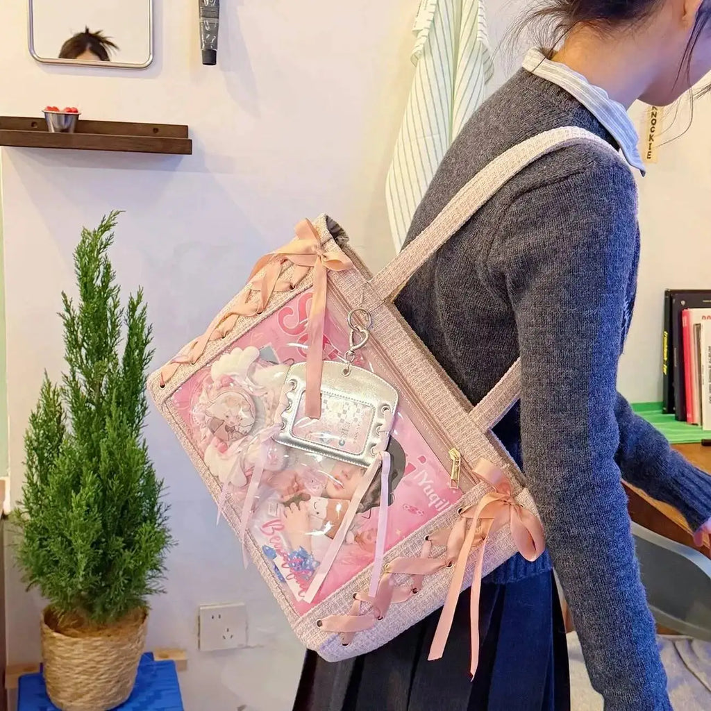 New Y2K Cute Japanese Ita Bag Lolita Girl Transparent Shoulder Tote Bag Large Capacity Crossbody Casual Bag DIY Display Handbags